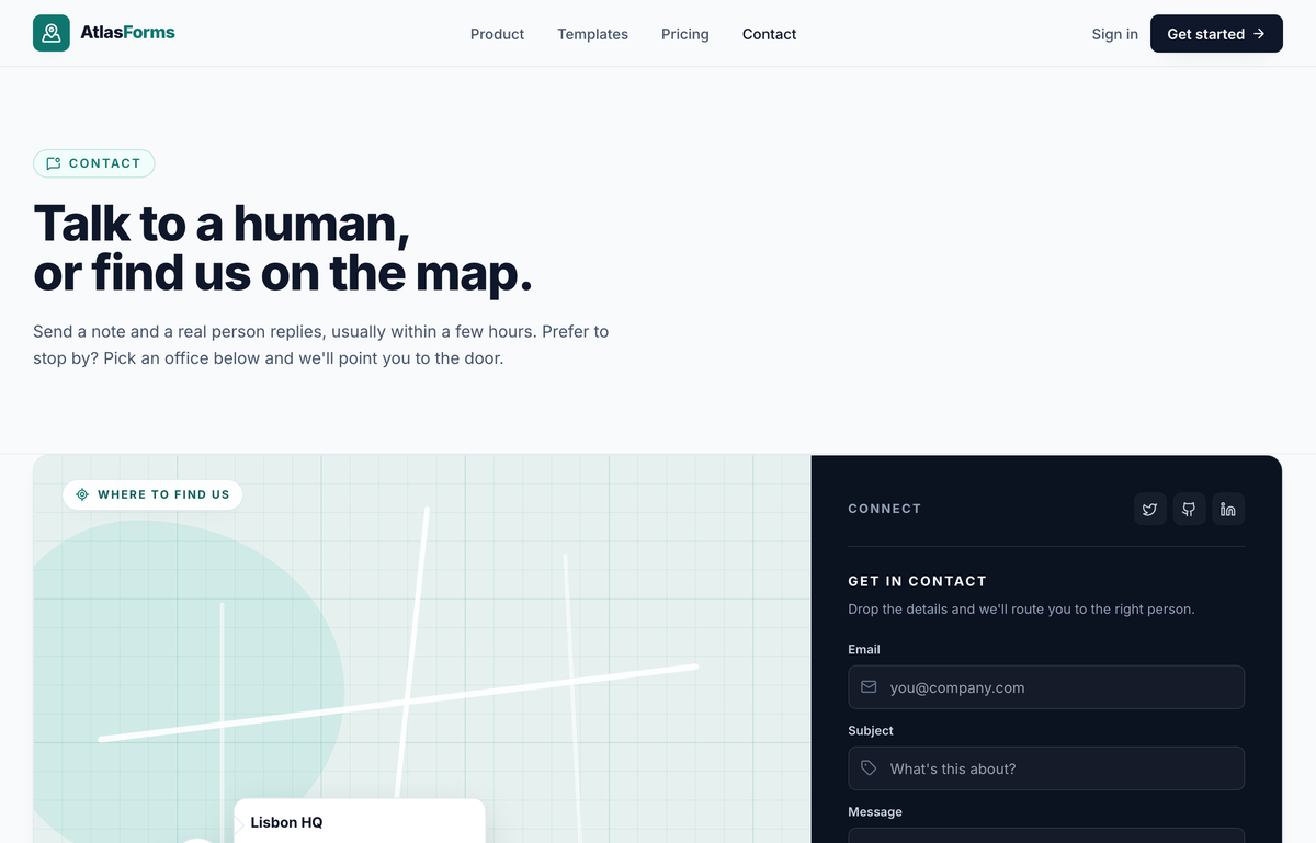 Contact & Where to Find Us — Atlas Forms (map-location teal) preview