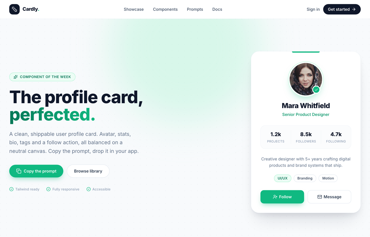 The profile card, perfected — Cardly component showcase preview