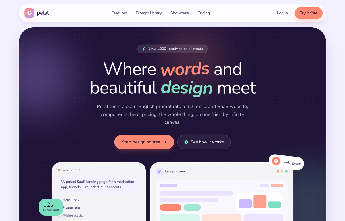 Petal · Soft SaaS Website Design from Prompts (pastel-friendly) preview