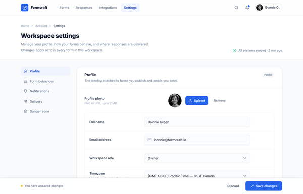 Formcraft - Workspace Settings (cobalt two-column) preview