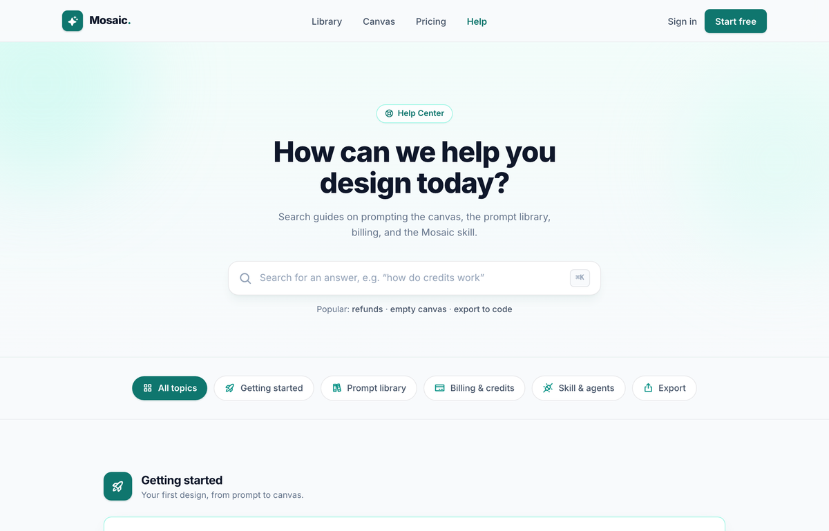 Help Center — Searchable FAQ (Mosaic) preview