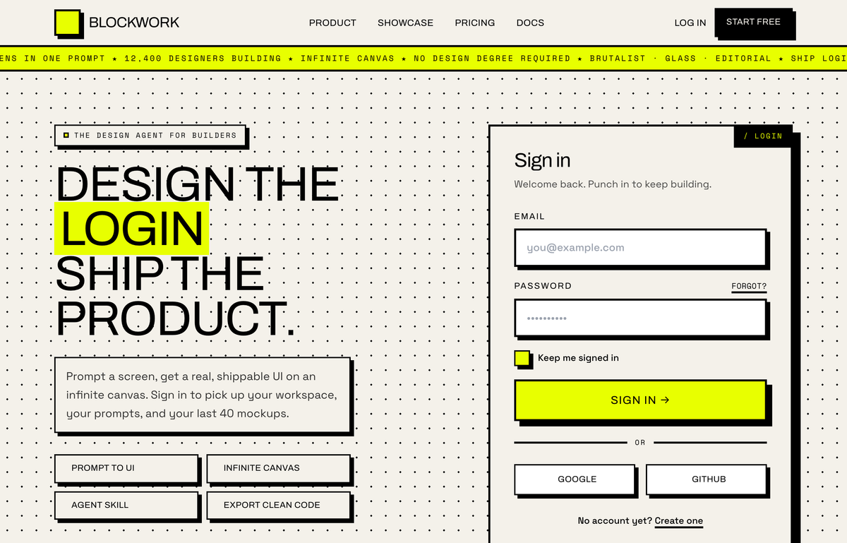SIGN IN · BLOCKWORK — Brutalist Acid login preview