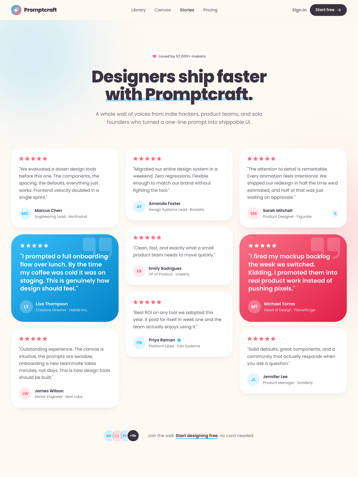 Loved by makers — a pastel masonry wall of designer voices preview