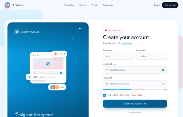 Bloomly - Illustrated friendly-sky split signup preview