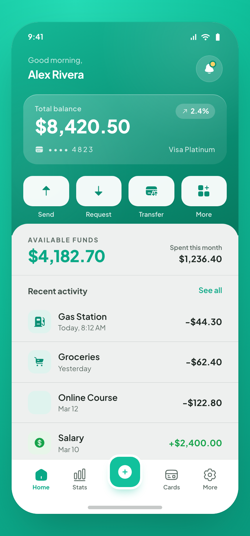 Fintech Wallet — Mobile Home Screen preview