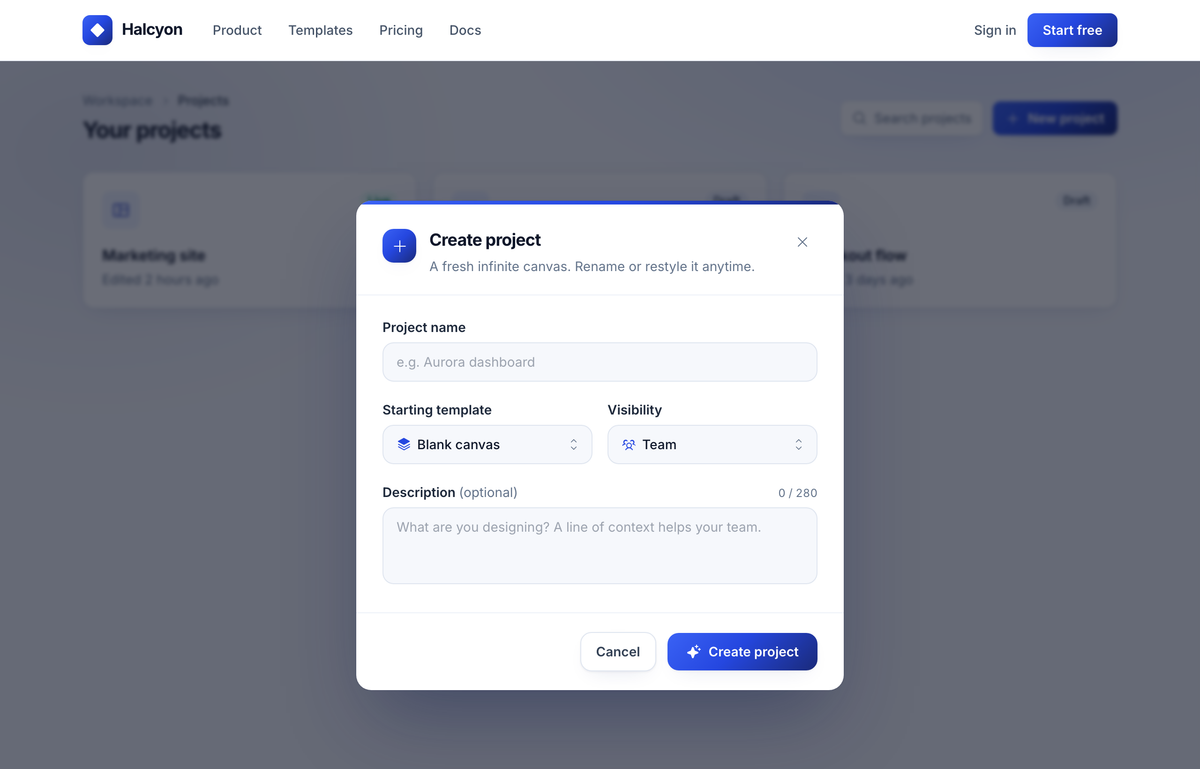 Halcyon — Create project (form modal, cobalt→navy) preview