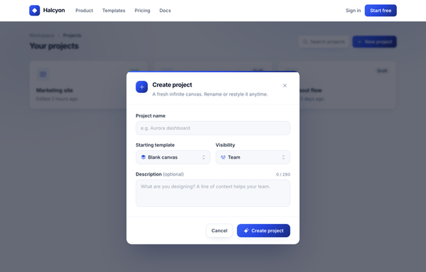 Halcyon - Create project (form modal, cobalt→navy) preview