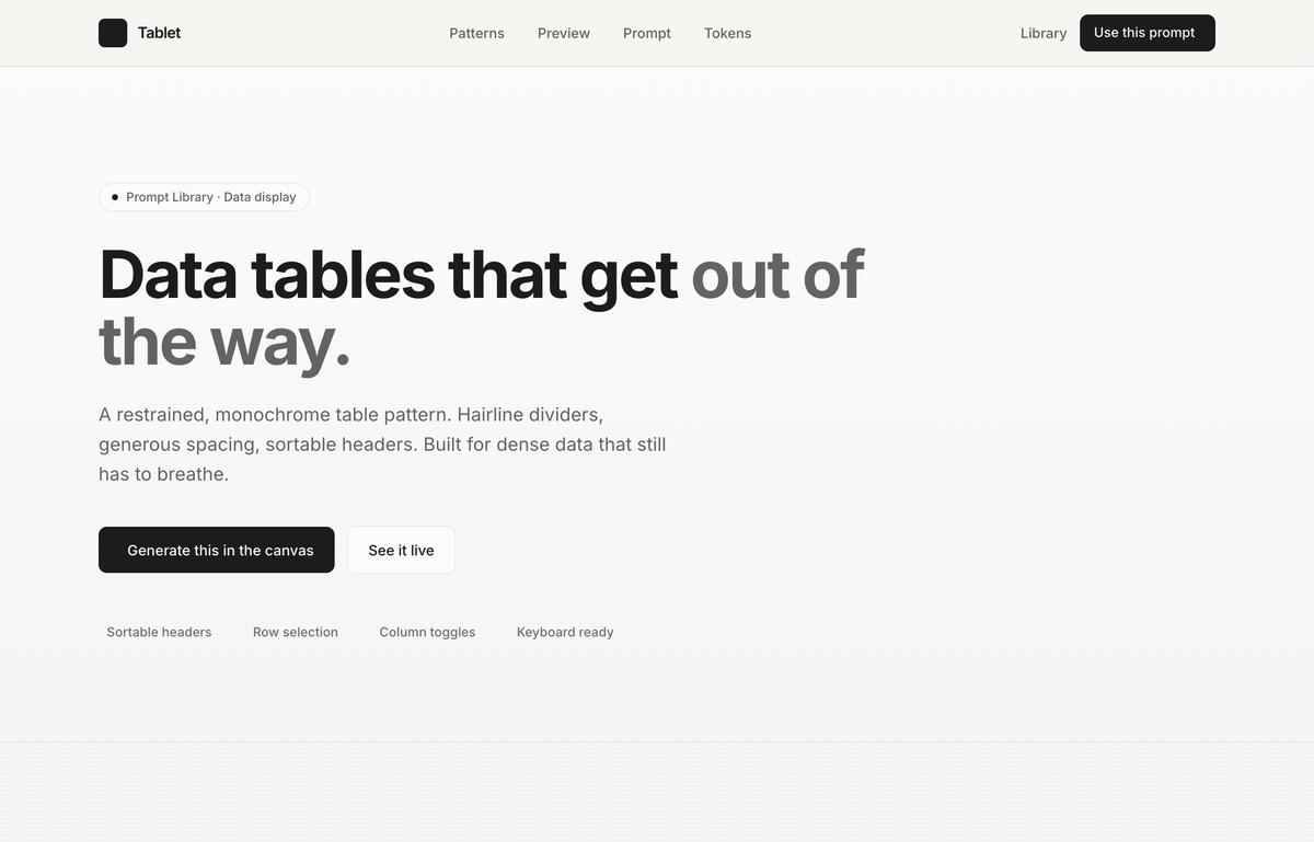 Tablet — Data tables, in graphite (minimal monochrome data-table prompt page) preview