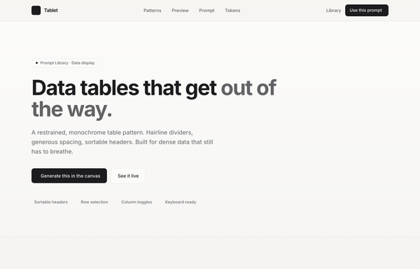 Tablet - Data tables, in graphite (minimal monochrome data-table prompt page) preview
