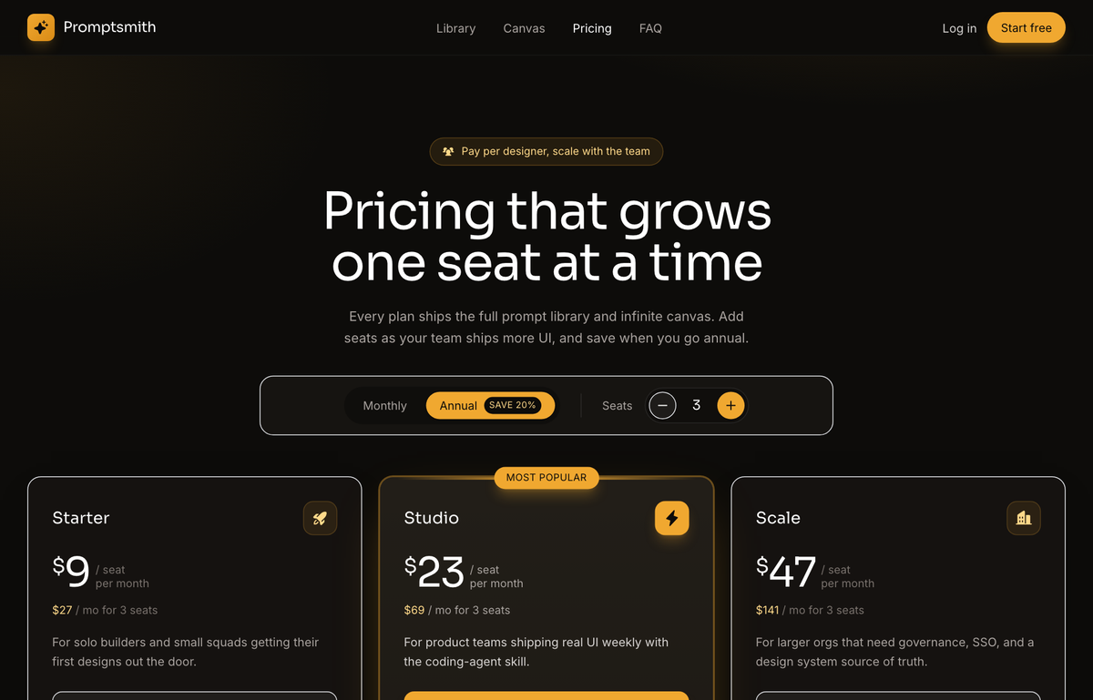 Warm Amber Dark Per-Seat SaaS Pricing preview