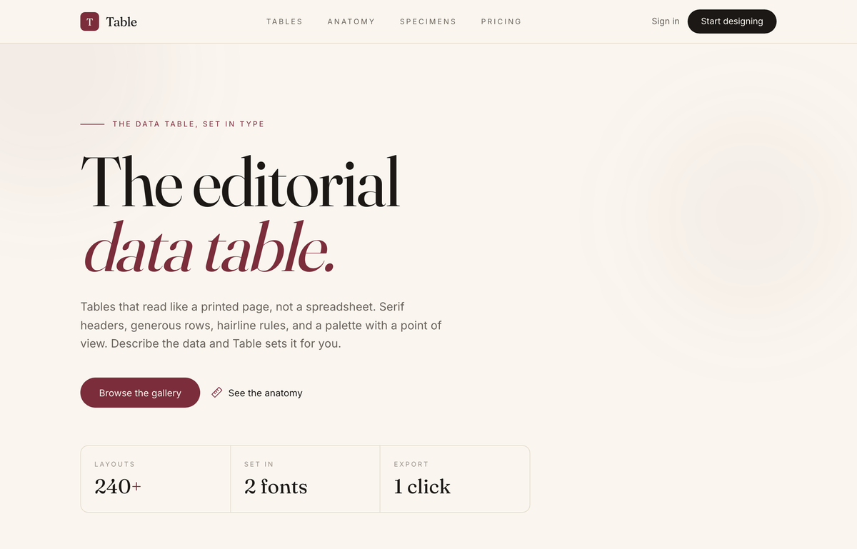 The Editorial Data Table preview