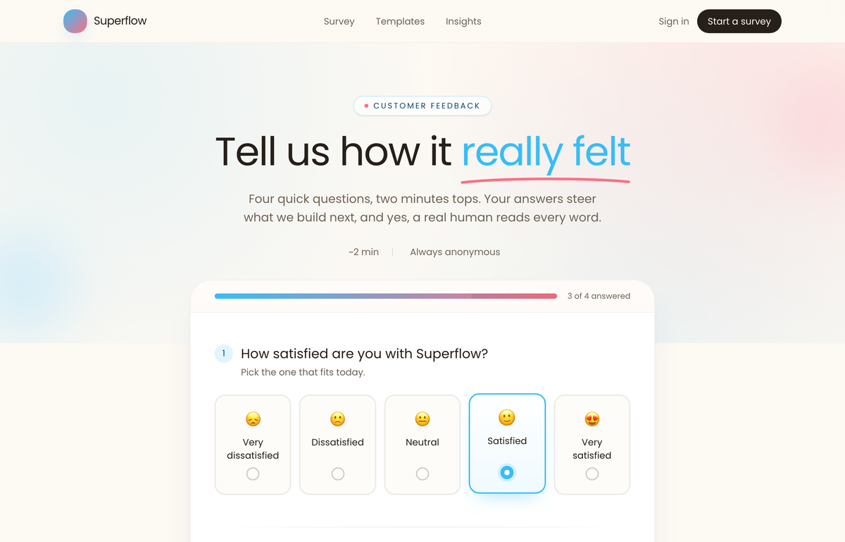 Tell us how it felt · Superflow Feedback (radio/pastel survey) preview