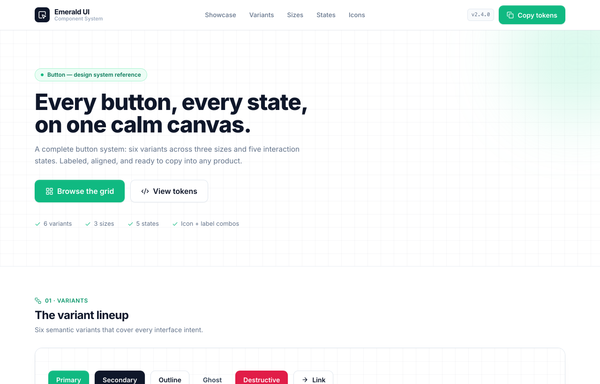Every button, every state, on one calm canvas - Emerald UI Button System preview