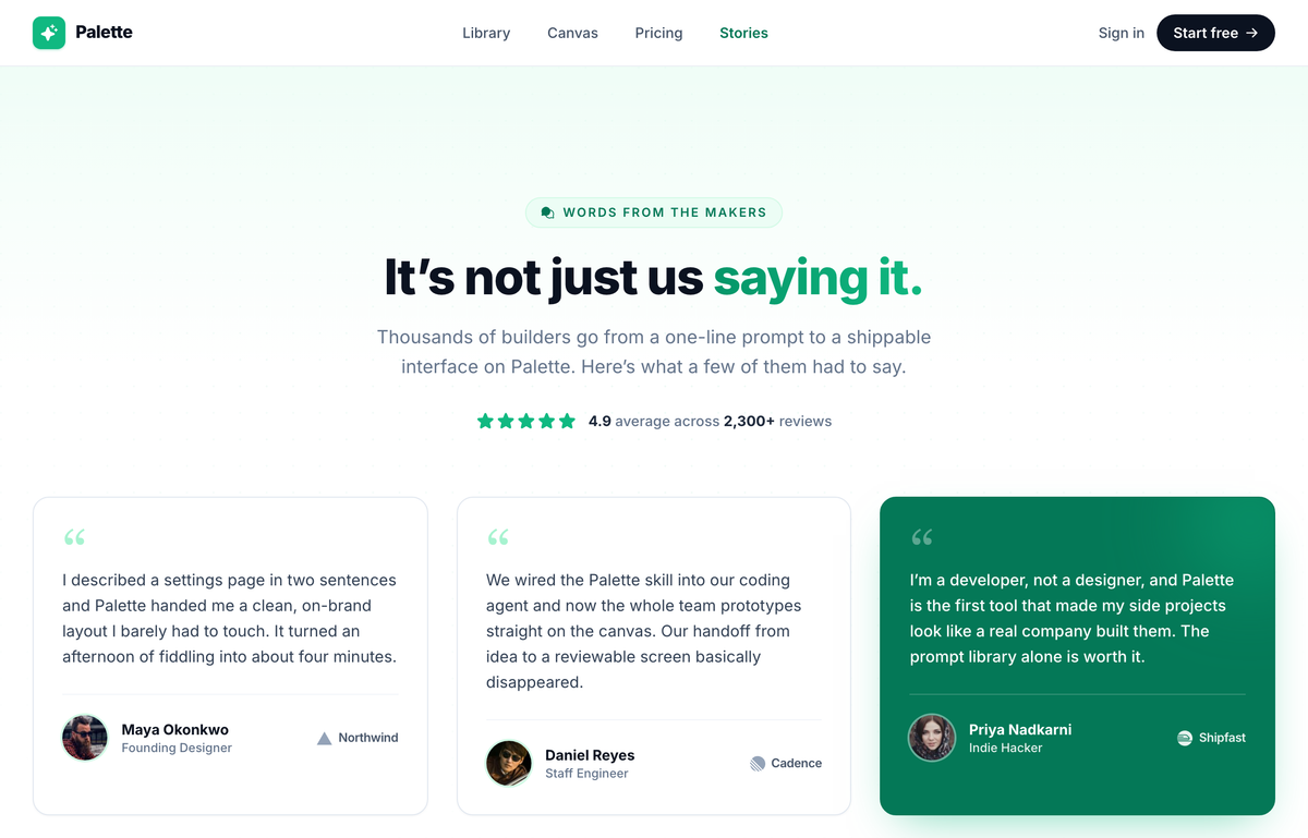Loved by the people who ship — quote-grid-emerald testimonial section preview