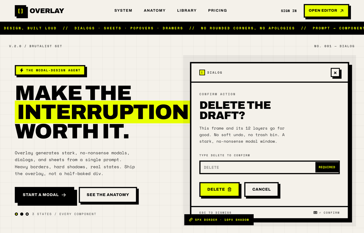 OVERLAY — Modal Design, Built Loud (brutalist / acid) preview