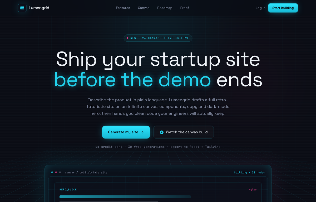 Lumengrid — Ship the Startup Site Before the Demo Ends (Neon-Grid Retro-Future) preview