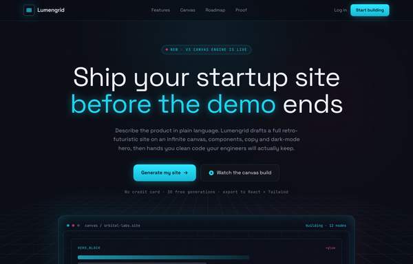 Lumengrid - Ship the Startup Site Before the Demo Ends (Neon-Grid Retro-Future) preview