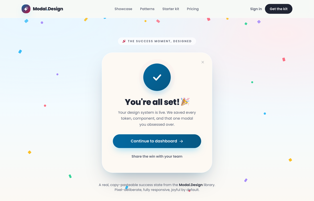 Modal Design · success-celebration (pastel) — legibility fixed preview