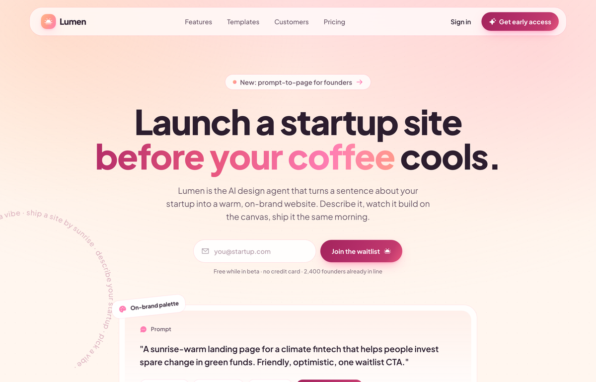 Lumen — Warm Sunrise startup-website landing page (light) preview