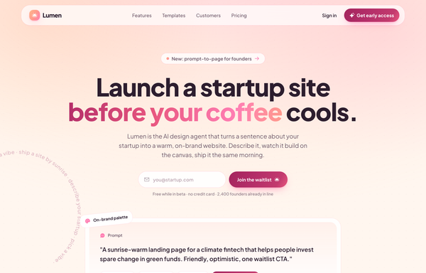Lumen - Warm Sunrise startup-website landing page (light) preview