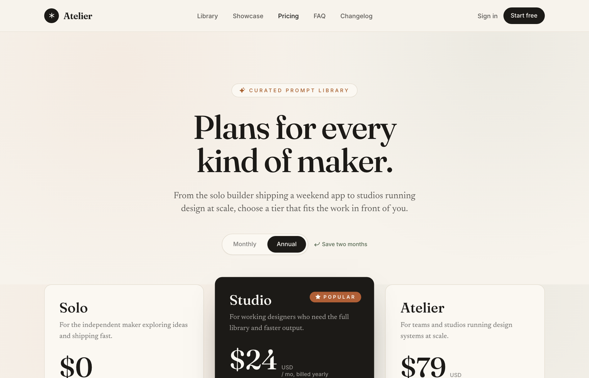 Editorial Serif Atelier Pricing preview
