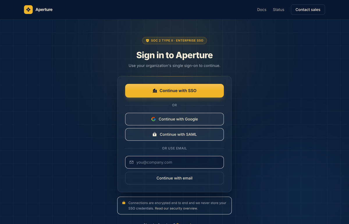 Aperture — Enterprise SSO Sign-In (Navy & Amber) preview